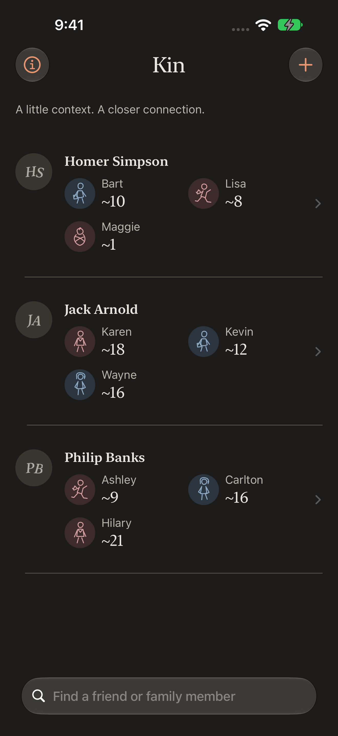 Kin app showing a searchable notebook of friends and their families